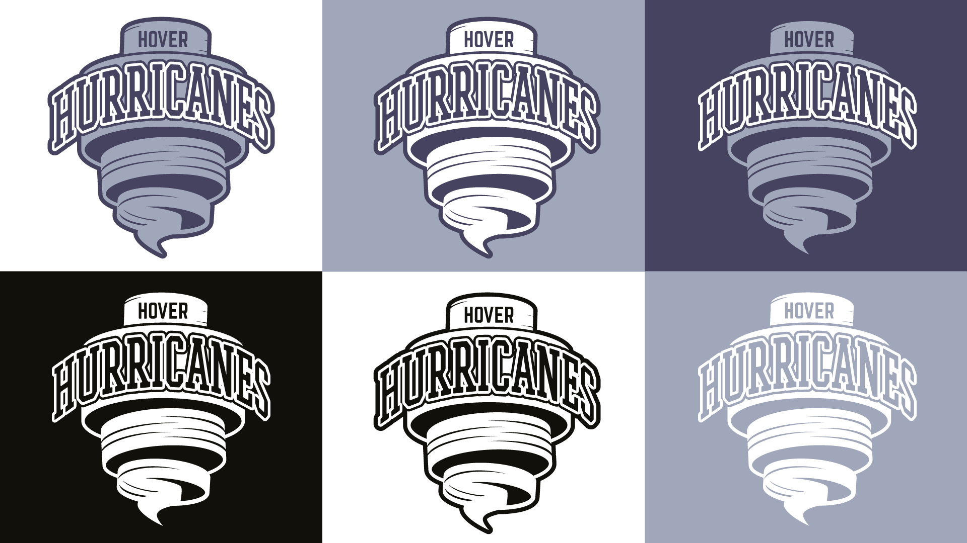 Seks Hover Hurricanes logoer i forskellige farvekombinationer