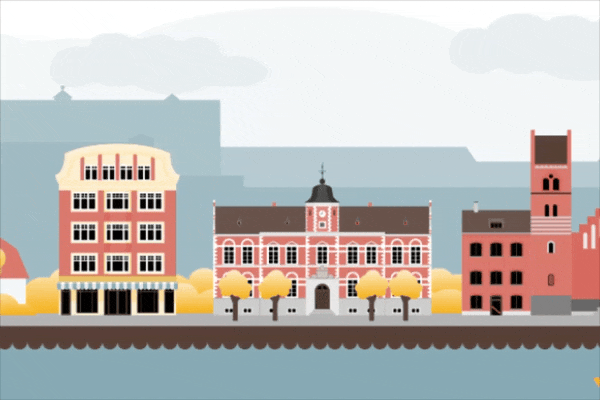 Animation af byens bygninger, en luftballon og en lille båd