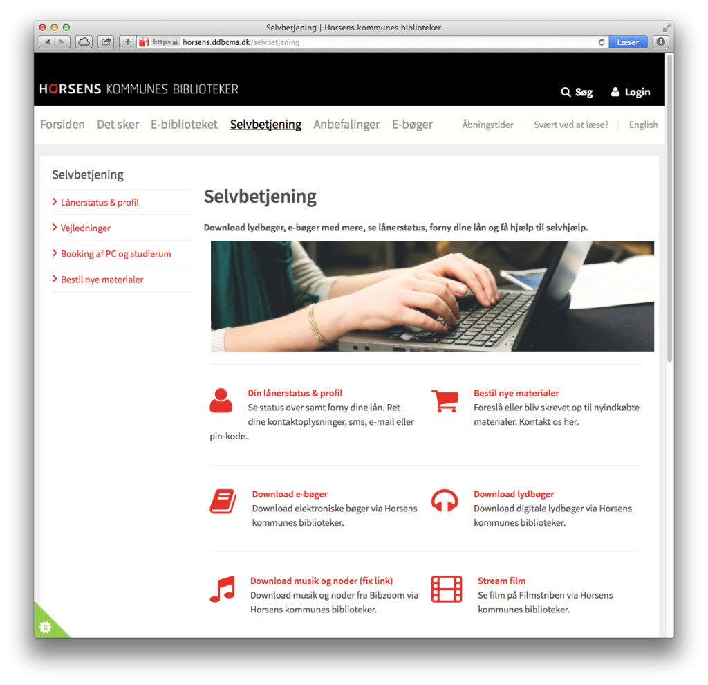 Screenshot af Horsens Kommunes Bibliotekers selvbetjeningsside