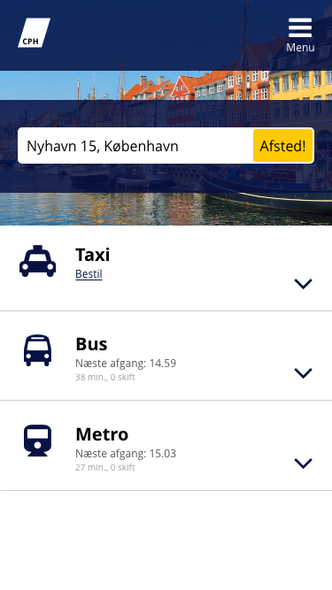 Mockup af side med transportmuligheder i CPH app'en