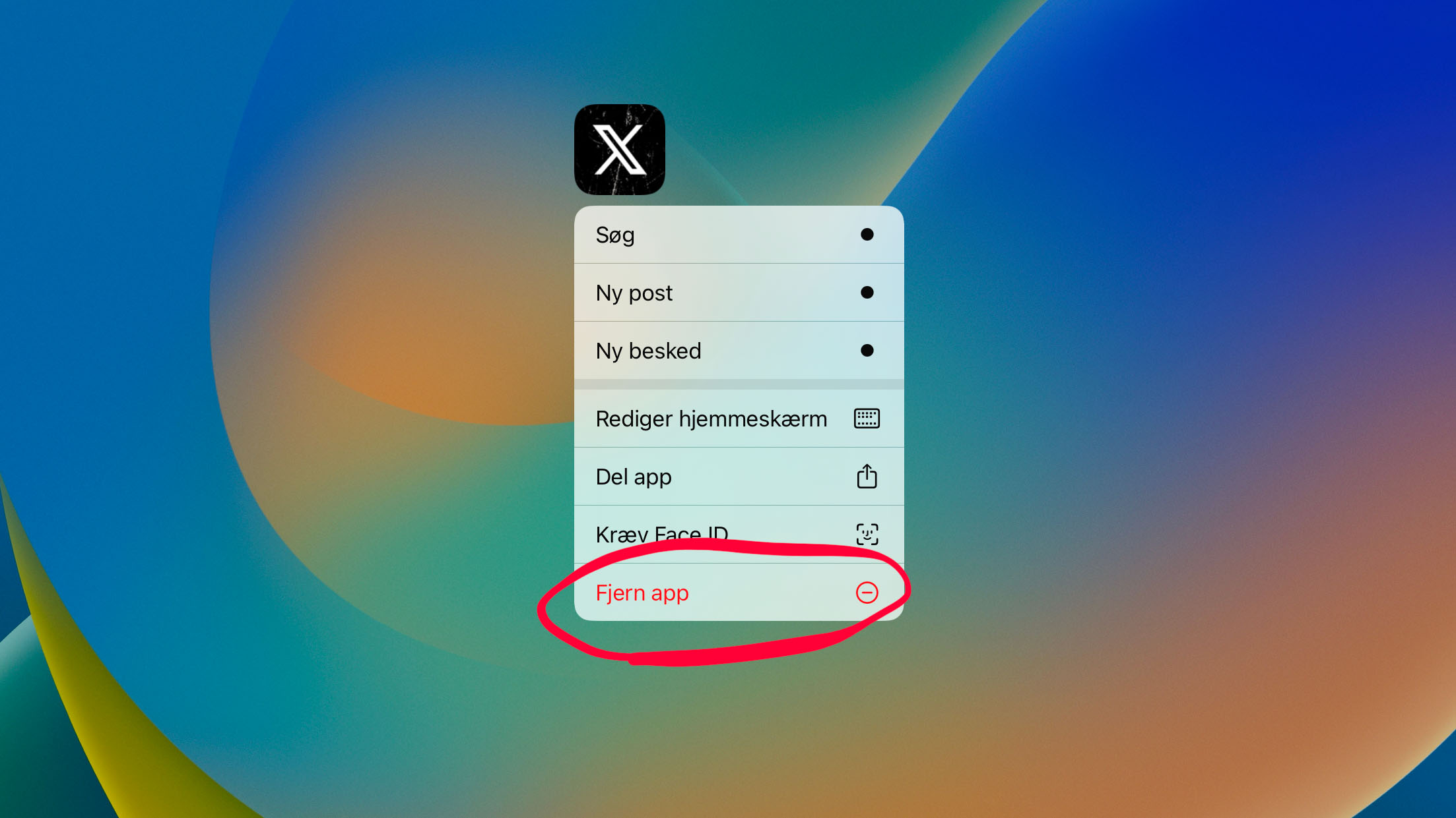 Dialog-menu på iPad, hvor man kan fjerne appen X