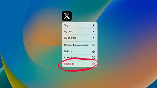 Dialog-menu på iPad, hvor man kan fjerne appen X