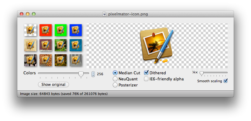 ImageAlpha med billedoptimering af Pixelmator ikonet.